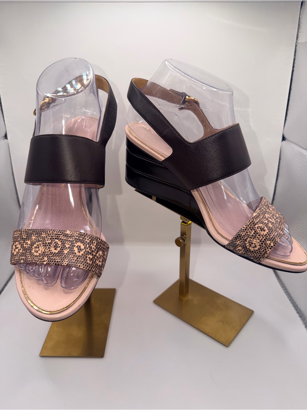 Salvatore Ferragamo Black Leather and Tan Snakeskin-Print Wedge Sandals